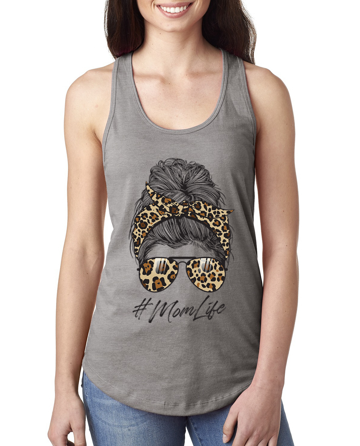 Top sin mangas Mom Life cabello desordenado pañuelo estampado de leopardo día de la madre damas Racerback - Imagen 3 de 9