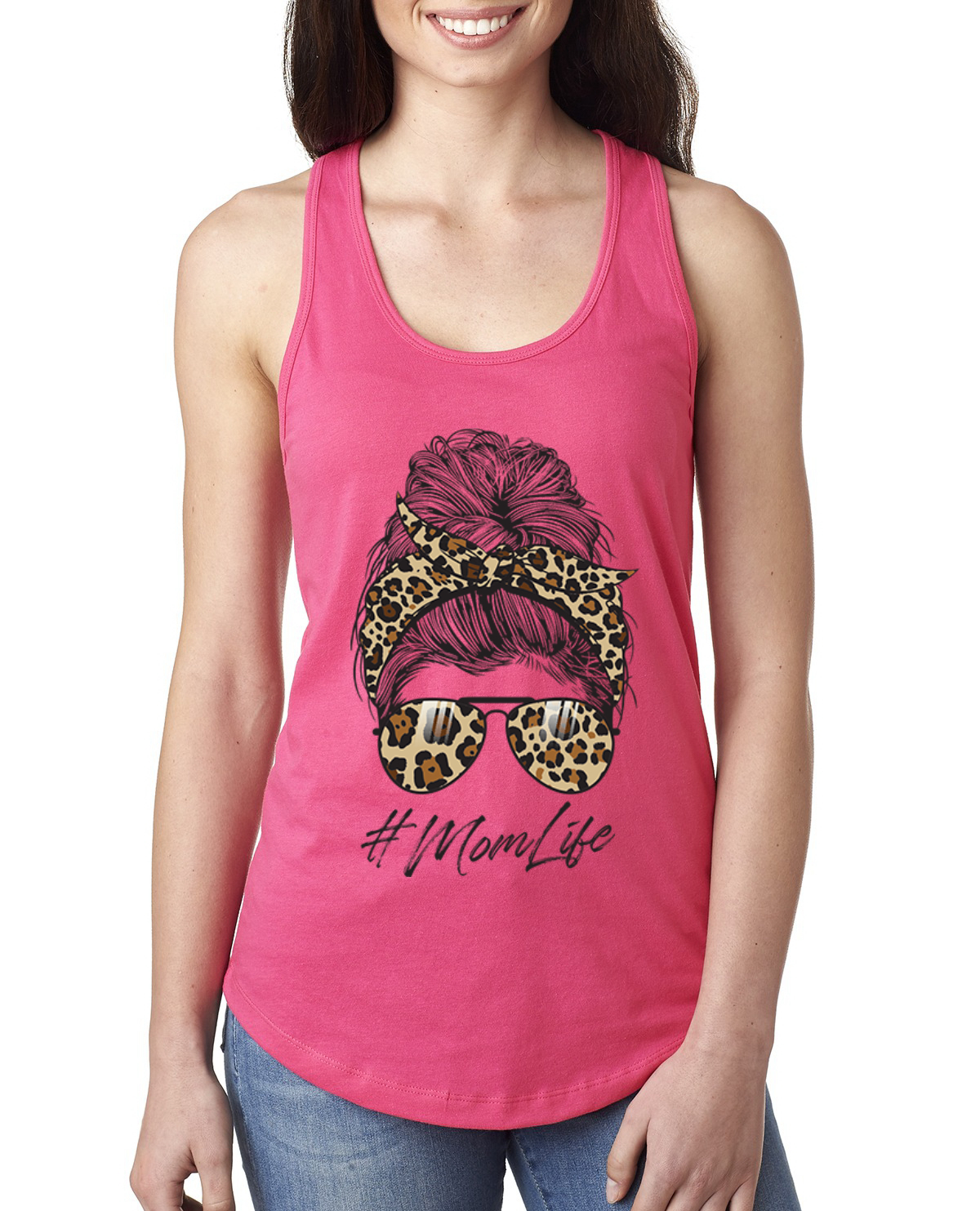 Top sin mangas Mom Life cabello desordenado pañuelo estampado de leopardo día de la madre damas Racerback - Imagen 6 de 9