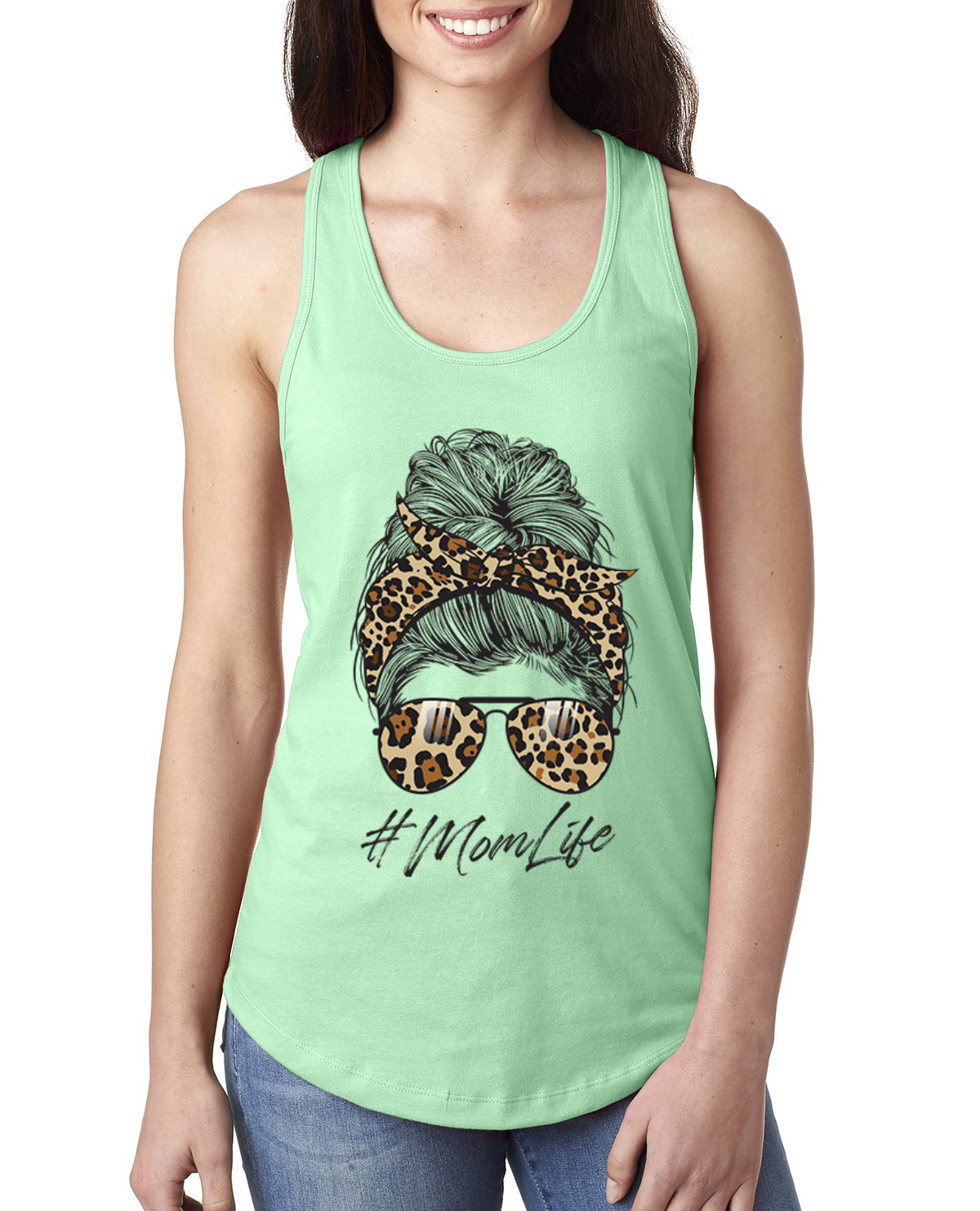 Top sin mangas Mom Life cabello desordenado pañuelo estampado de leopardo día de la madre damas Racerback - Imagen 7 de 9