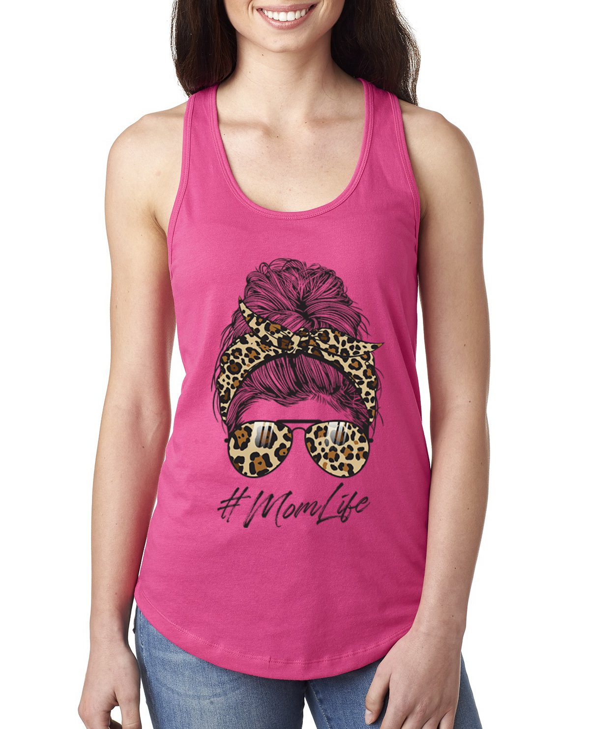 Top sin mangas Mom Life cabello desordenado pañuelo estampado de leopardo día de la madre damas Racerback - Imagen 8 de 9