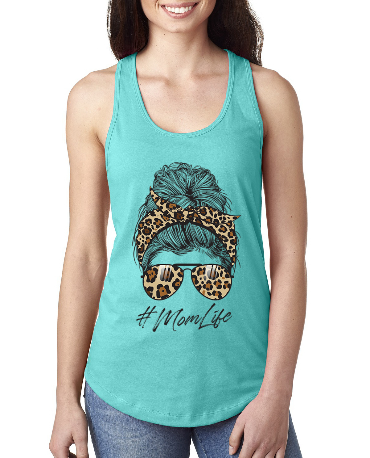 Top sin mangas Mom Life cabello desordenado pañuelo estampado de leopardo día de la madre damas Racerback - Imagen 9 de 9