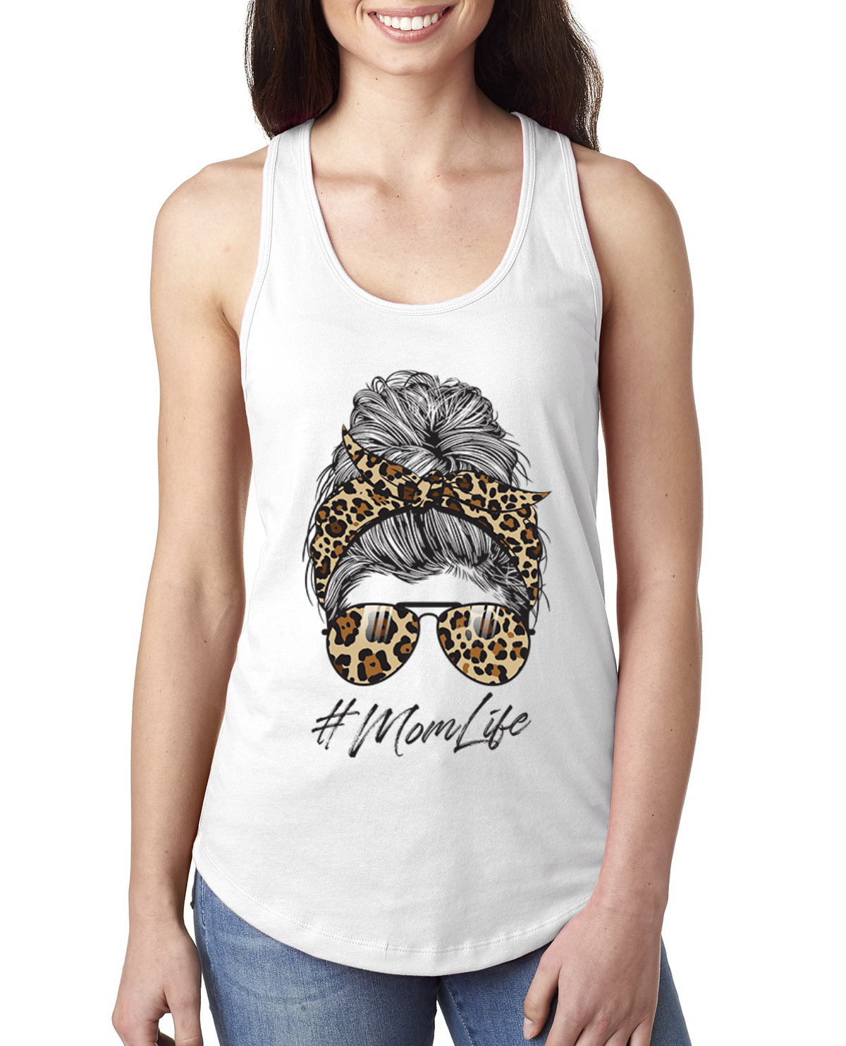 Top sin mangas Mom Life cabello desordenado pañuelo estampado de leopardo día de la madre damas Racerback - Imagen 5 de 9