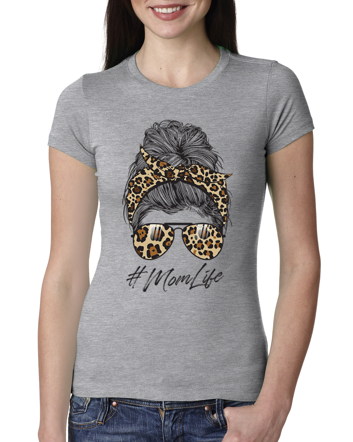 Mom Life Messy Hair Bandana Leopard Print Mothers Day Women Slim Fit Junior Tee - Picture 3 of 9