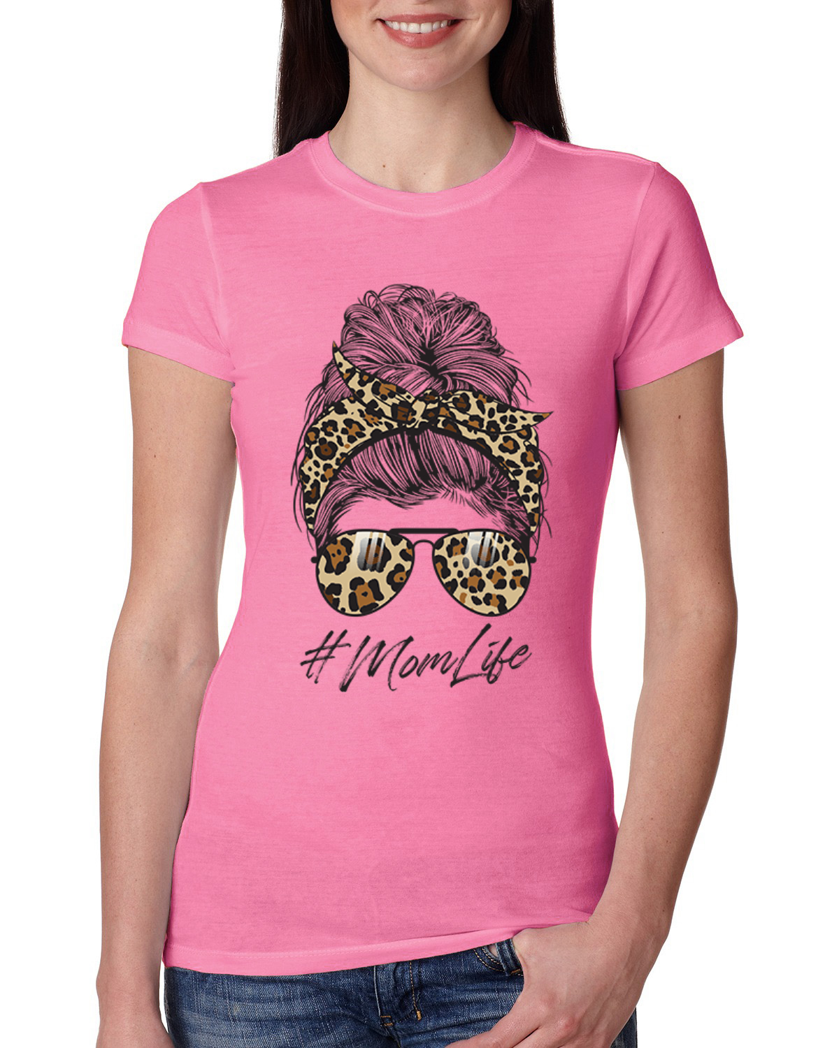 Mom Life Messy Hair Bandana Leopard Print Mothers Day Women Slim Fit Junior Tee - Picture 6 of 9