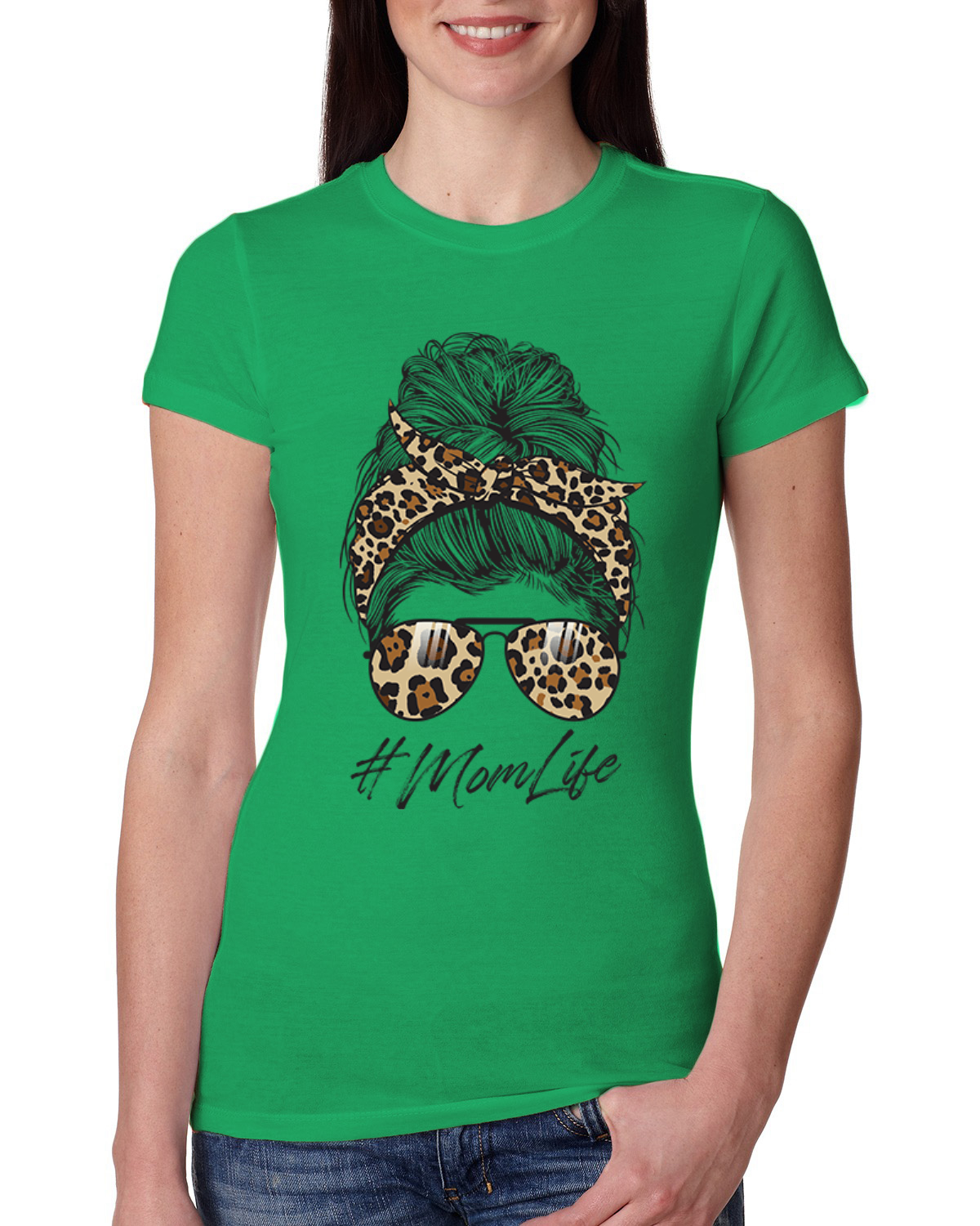 Mom Life Messy Hair Bandana Leopard Print Mothers Day Women Slim Fit Junior Tee - Picture 4 of 9