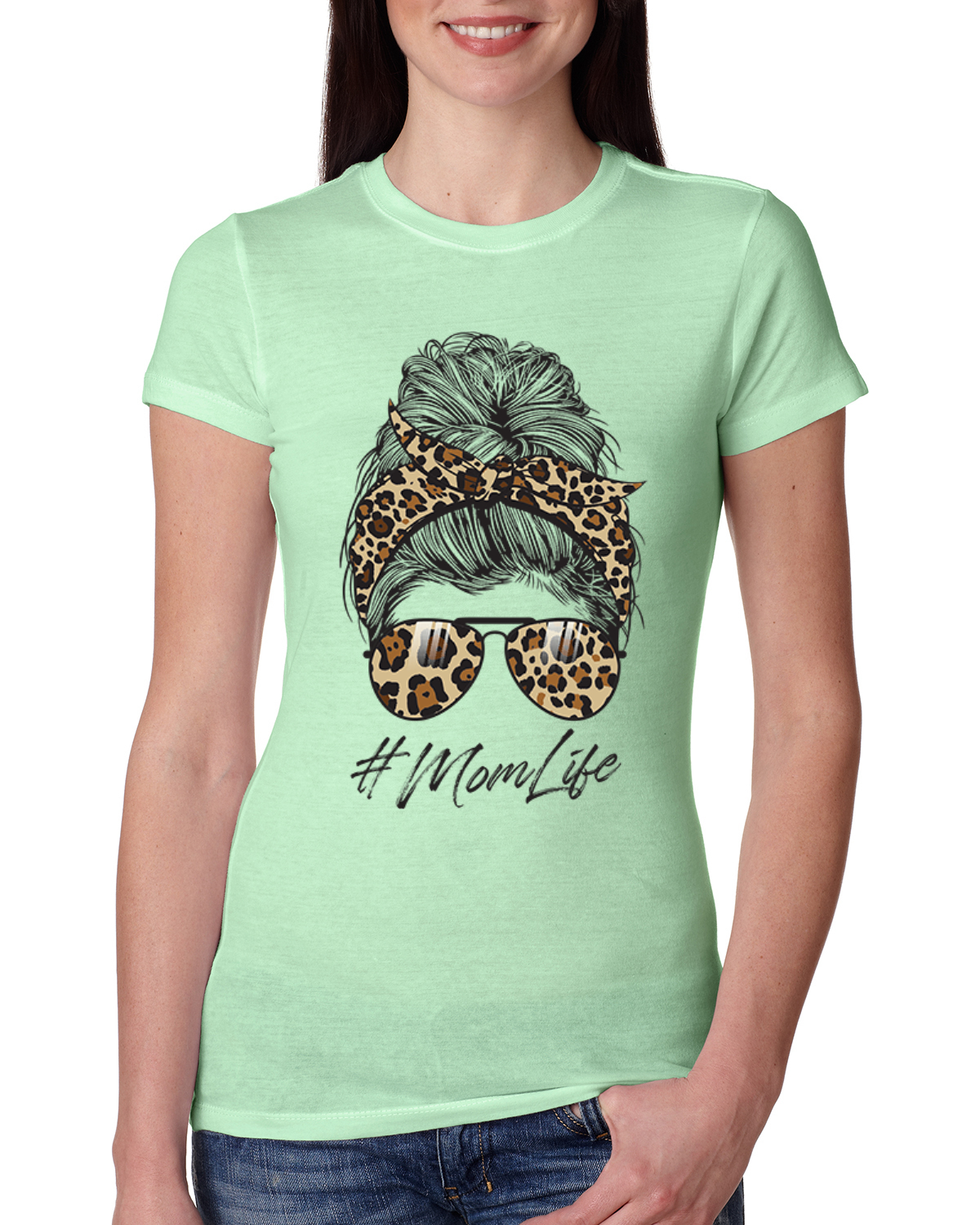 Mom Life Messy Hair Bandana Leopard Print Mothers Day Women Slim Fit Junior Tee - Picture 7 of 9