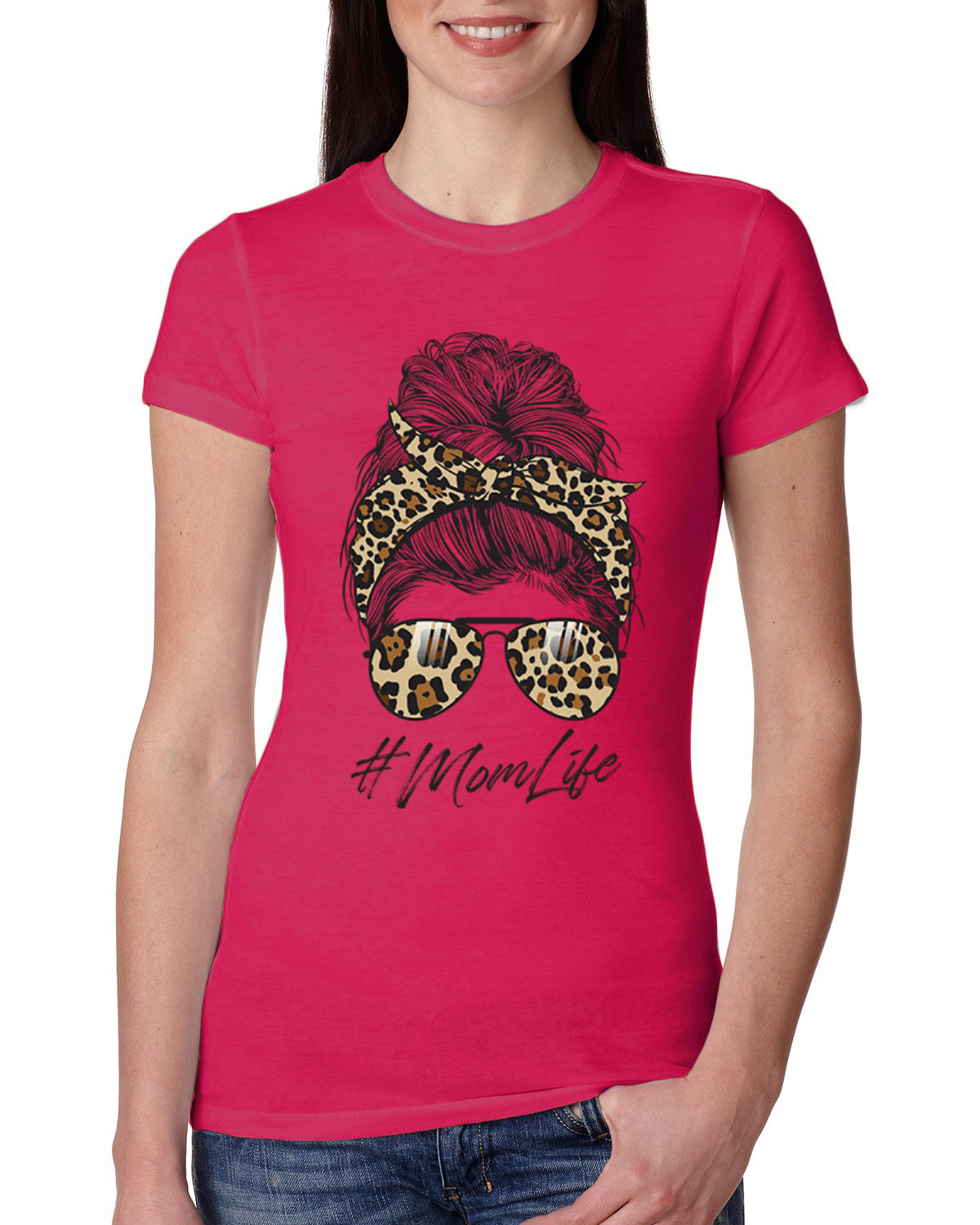 Mom Life Messy Hair Bandana Leopard Print Mothers Day Women Slim Fit Junior Tee - Picture 8 of 9