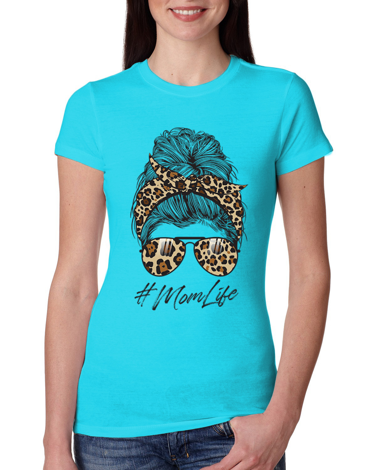 Mom Life Messy Hair Bandana Leopard Print Mothers Day Women Slim Fit Junior Tee - Picture 9 of 9