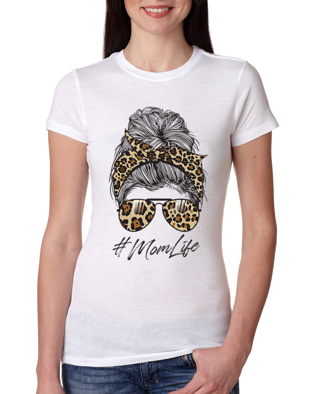 Mom Life Messy Hair Bandana Leopard Print Mothers Day Women Slim Fit Junior Tee - Picture 5 of 9