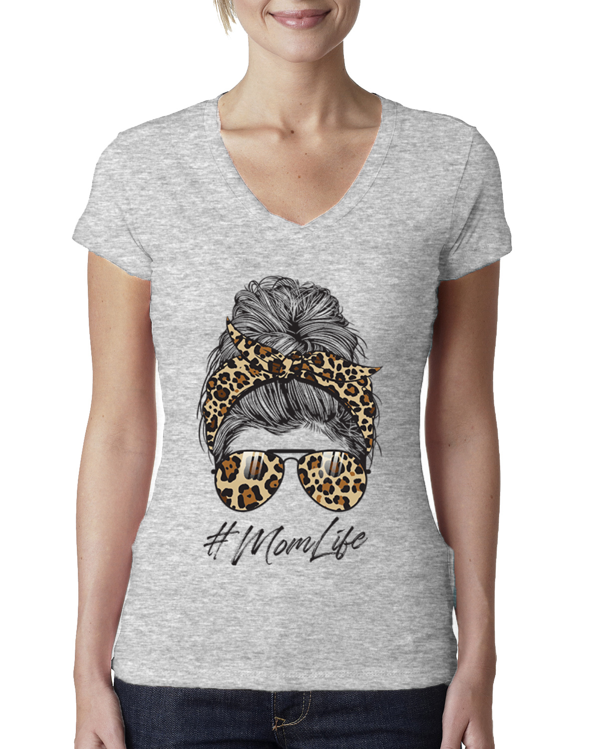 Mom Life Messy Hair Bandana Leopard Print Mothers Day Women Junior V-Neck Tee - Picture 3 of 7