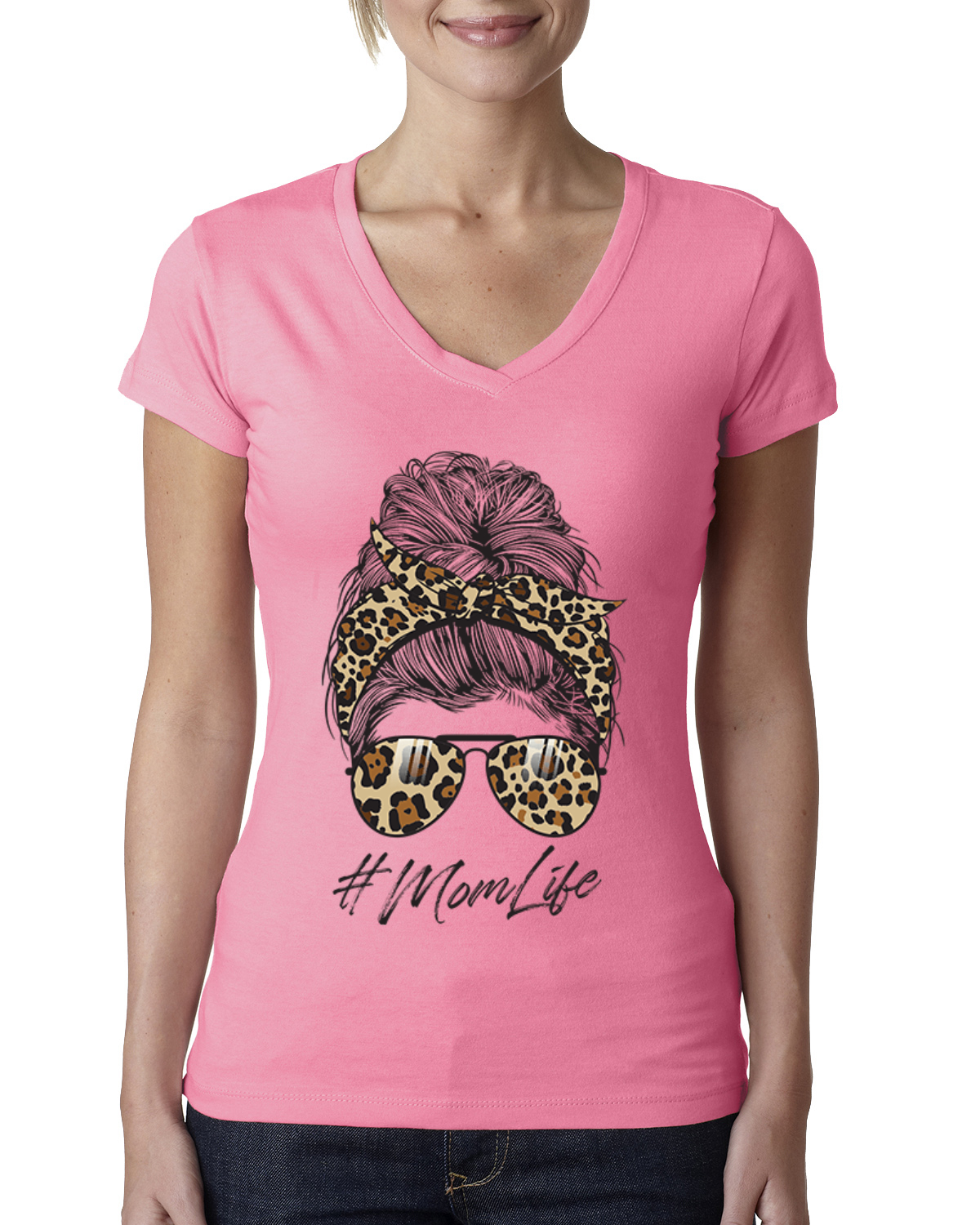 Mom Life Messy Hair Bandana Leopard Print Mothers Day Women Junior V-Neck Tee - Picture 5 of 7