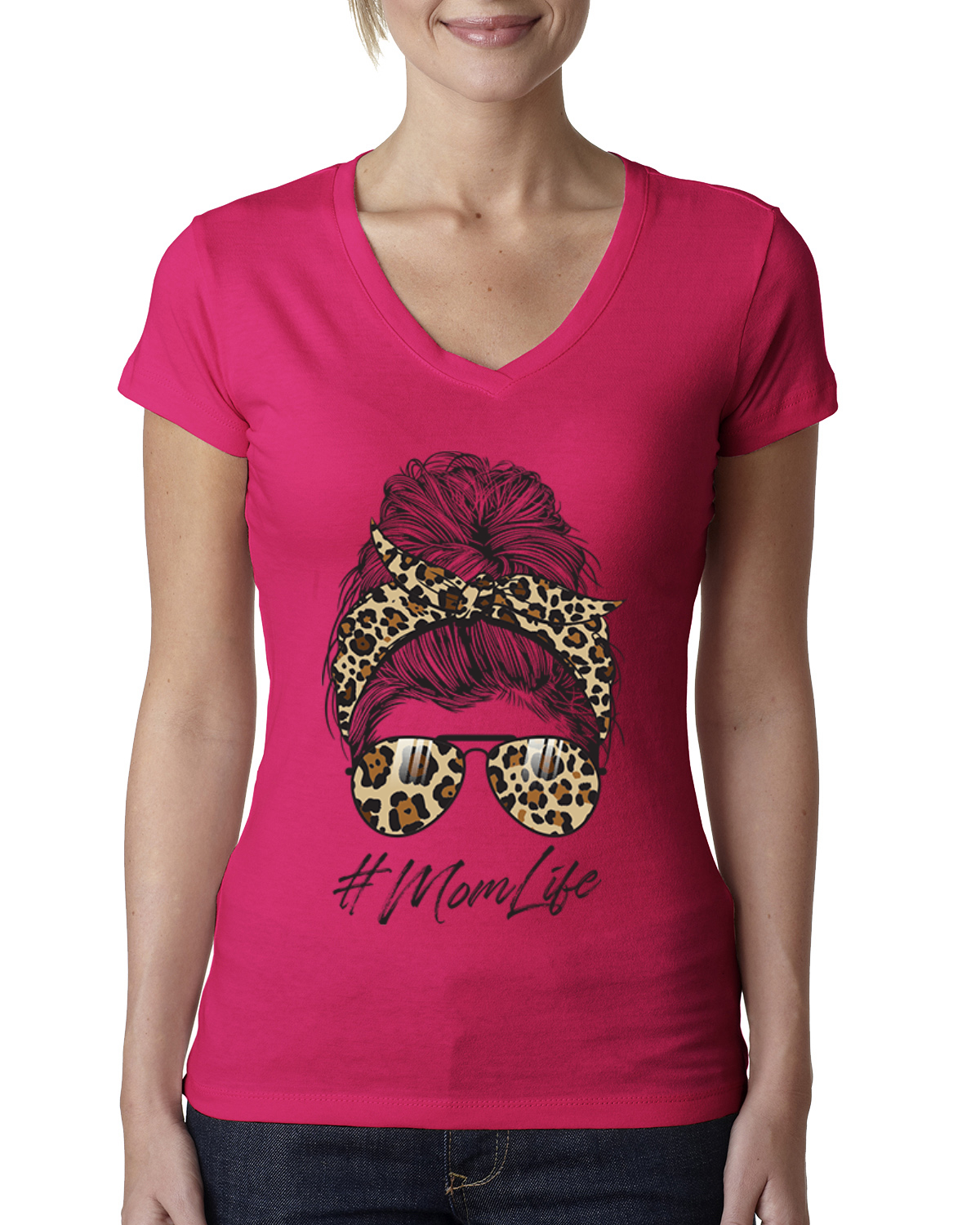 Mom Life Messy Hair Bandana Leopard Print Mothers Day Women Junior V-Neck Tee - Picture 6 of 7