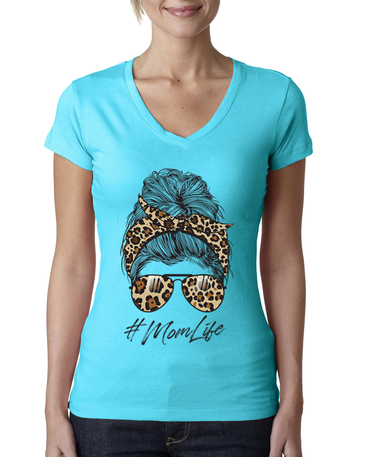 Mom Life Messy Hair Bandana Leopard Print Mothers Day Women Junior V-Neck Tee - Picture 7 of 7