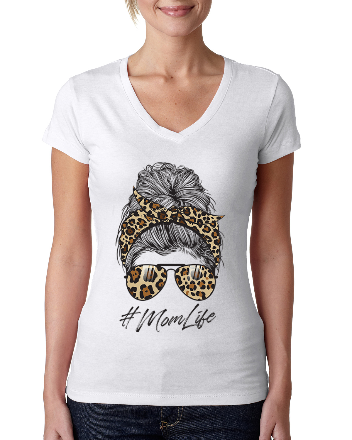 Mom Life Messy Hair Bandana Leopard Print Mothers Day Women Junior V-Neck Tee - Picture 4 of 7