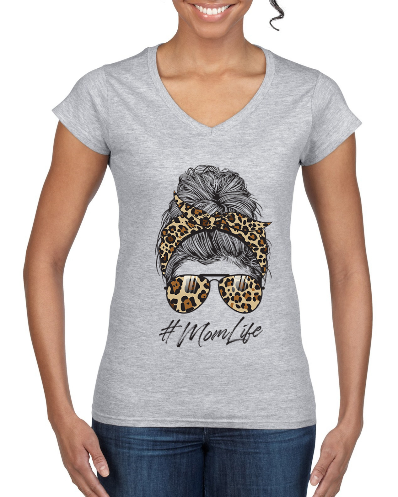 Mom Life Messy Hair Bandana Leopard Print Mothers Day Women Standard V-Neck Tee