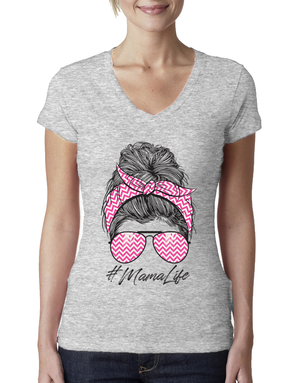 Camiseta Mama Life Cabello Desordenado Rosa Bandana Día de la Madre Mujeres Junior Cuello en V - Imagen 3 de 7