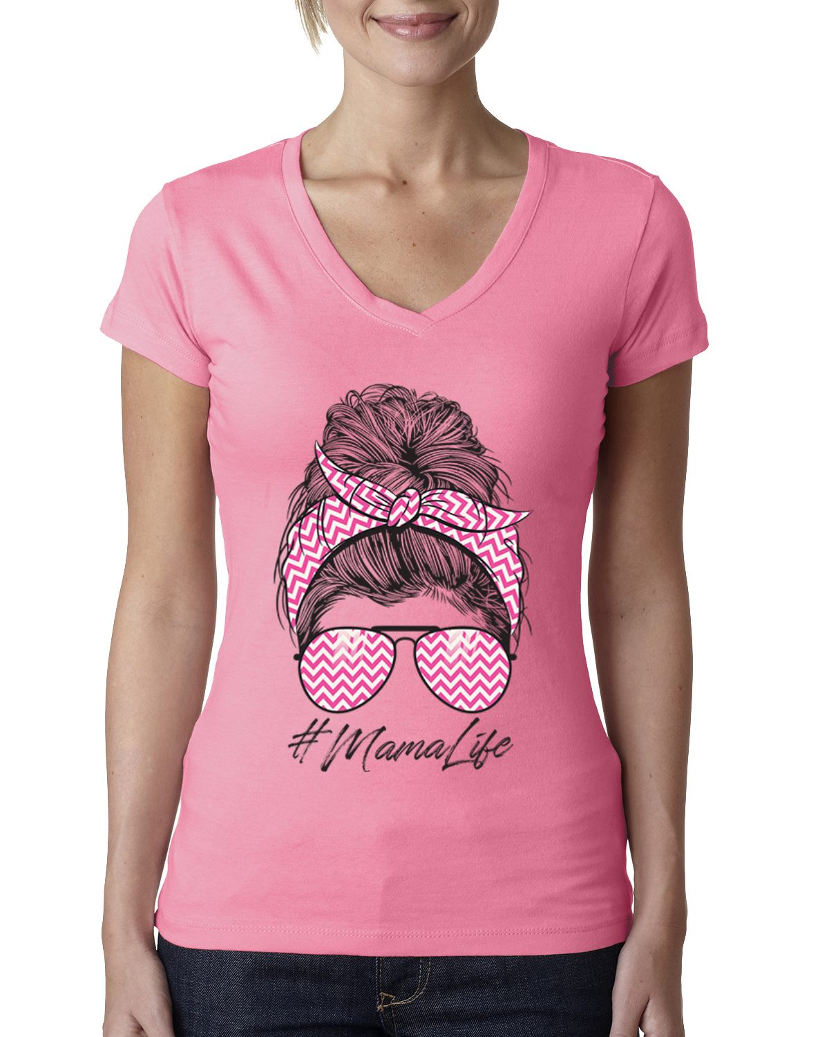 Camiseta Mama Life Cabello Desordenado Rosa Bandana Día de la Madre Mujeres Junior Cuello en V - Imagen 5 de 7