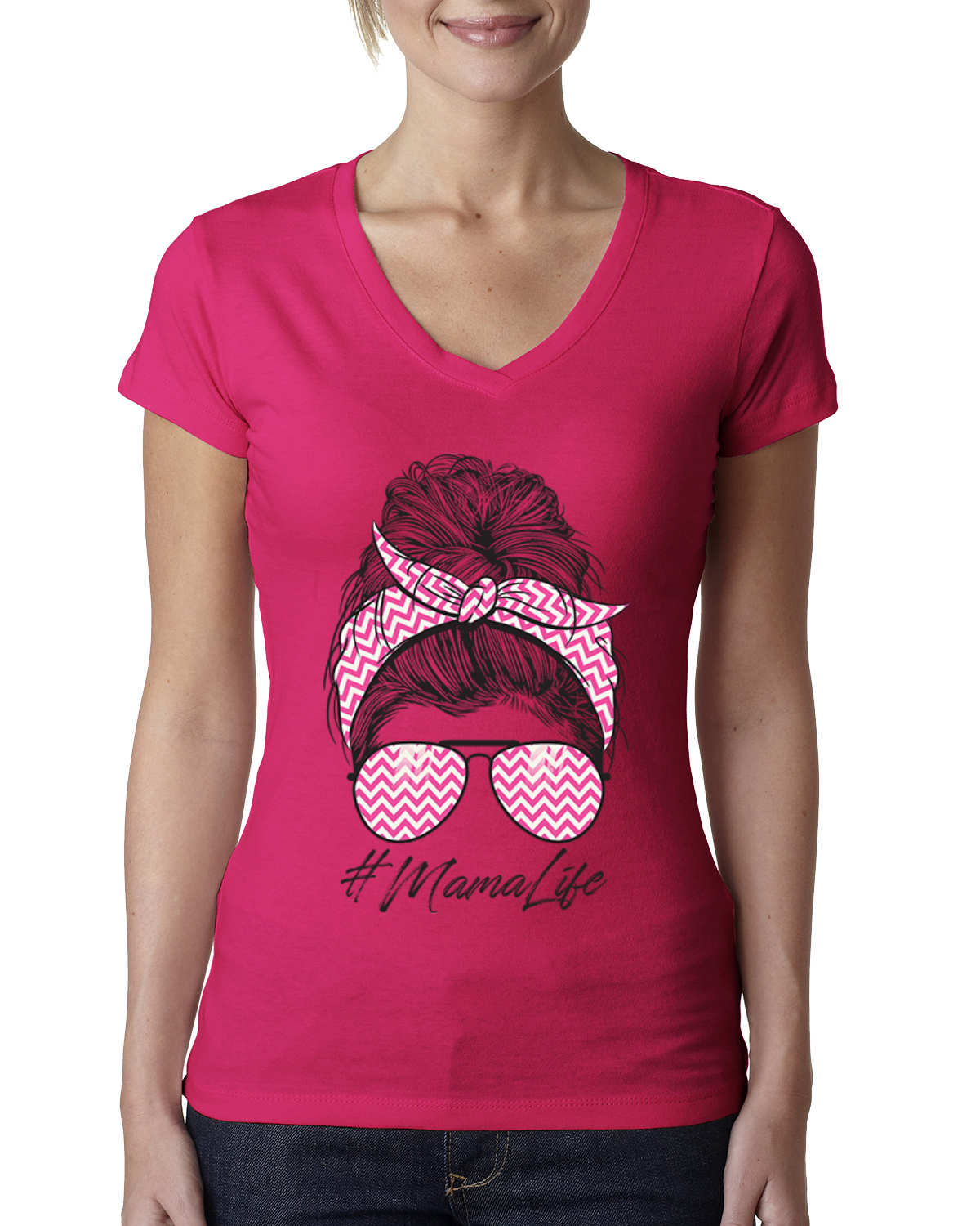 Camiseta Mama Life Cabello Desordenado Rosa Bandana Día de la Madre Mujeres Junior Cuello en V - Imagen 6 de 7