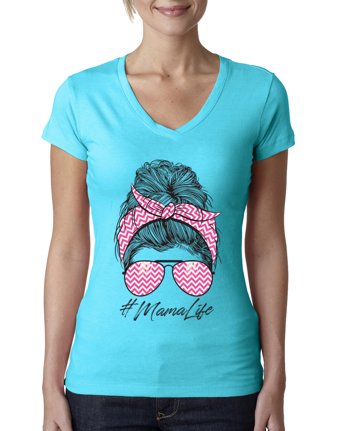 Camiseta Mama Life Cabello Desordenado Rosa Bandana Día de la Madre Mujeres Junior Cuello en V - Imagen 7 de 7
