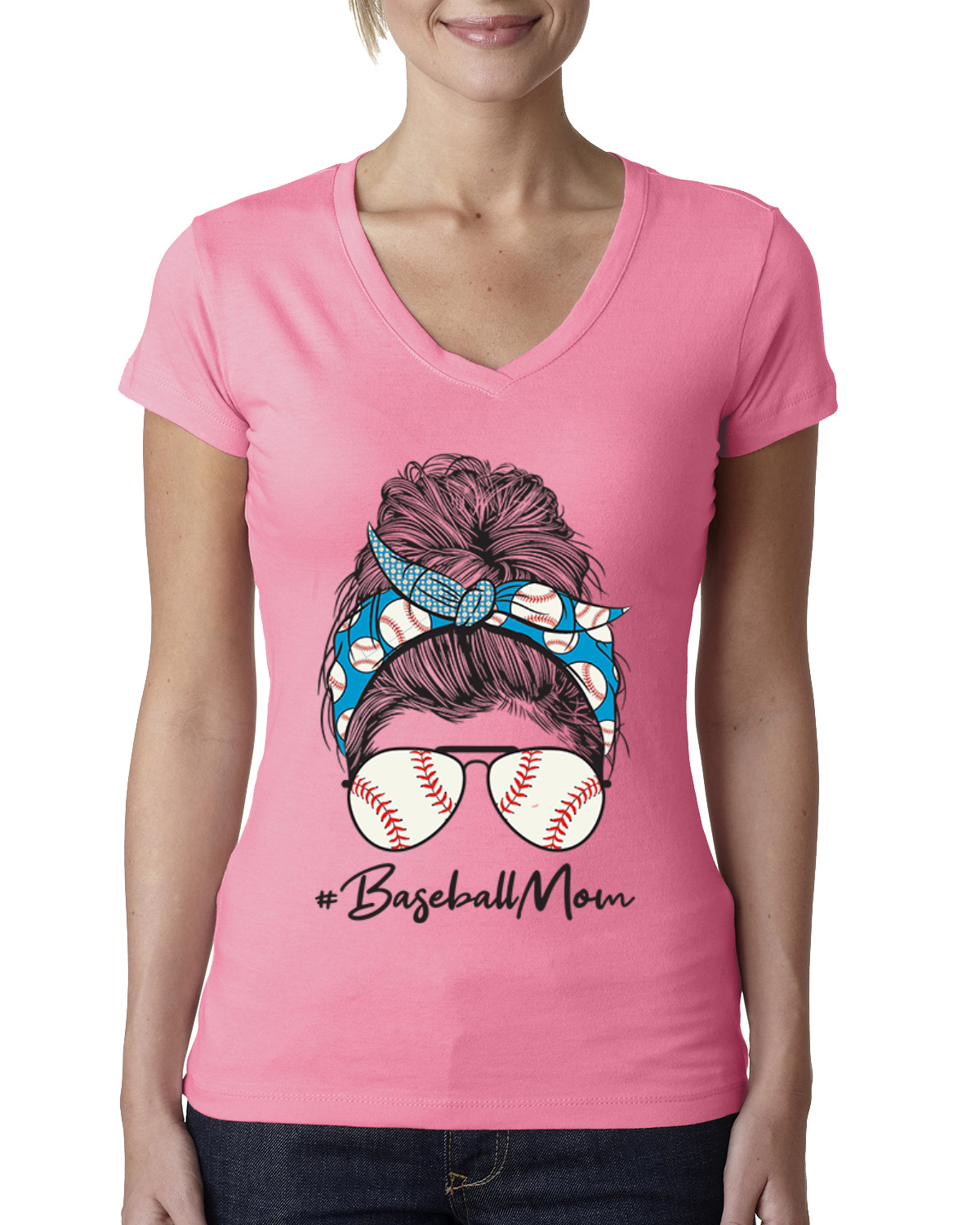 Mom Life Baseball unordentliches Haar Bandana Muttertag Frauen Junior V-Ausschnitt T-Shirt - Bild 5 von 7