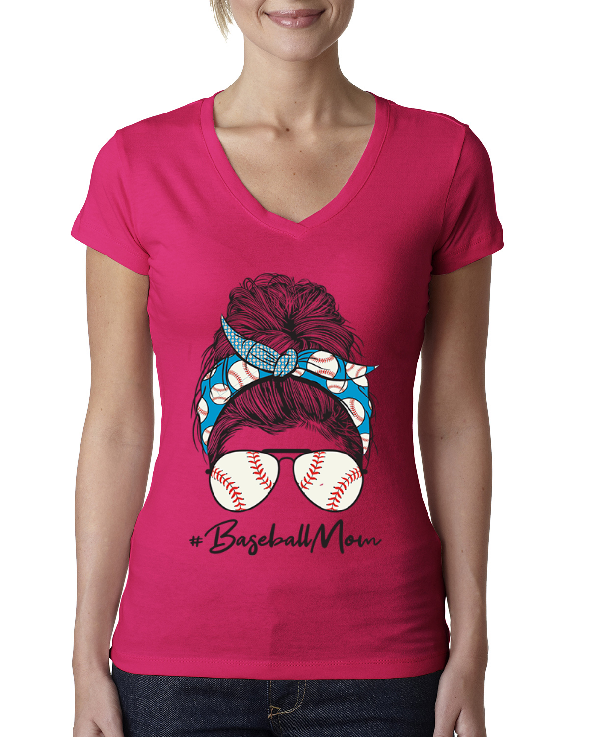 Mom Life Baseball unordentliches Haar Bandana Muttertag Frauen Junior V-Ausschnitt T-Shirt - Bild 6 von 7