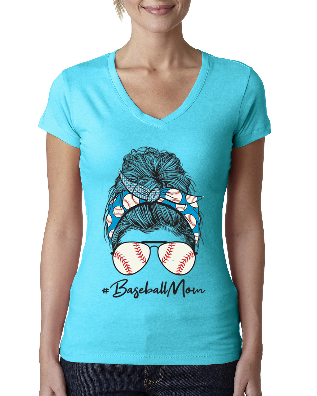 Mom Life Baseball unordentliches Haar Bandana Muttertag Frauen Junior V-Ausschnitt T-Shirt - Bild 7 von 7
