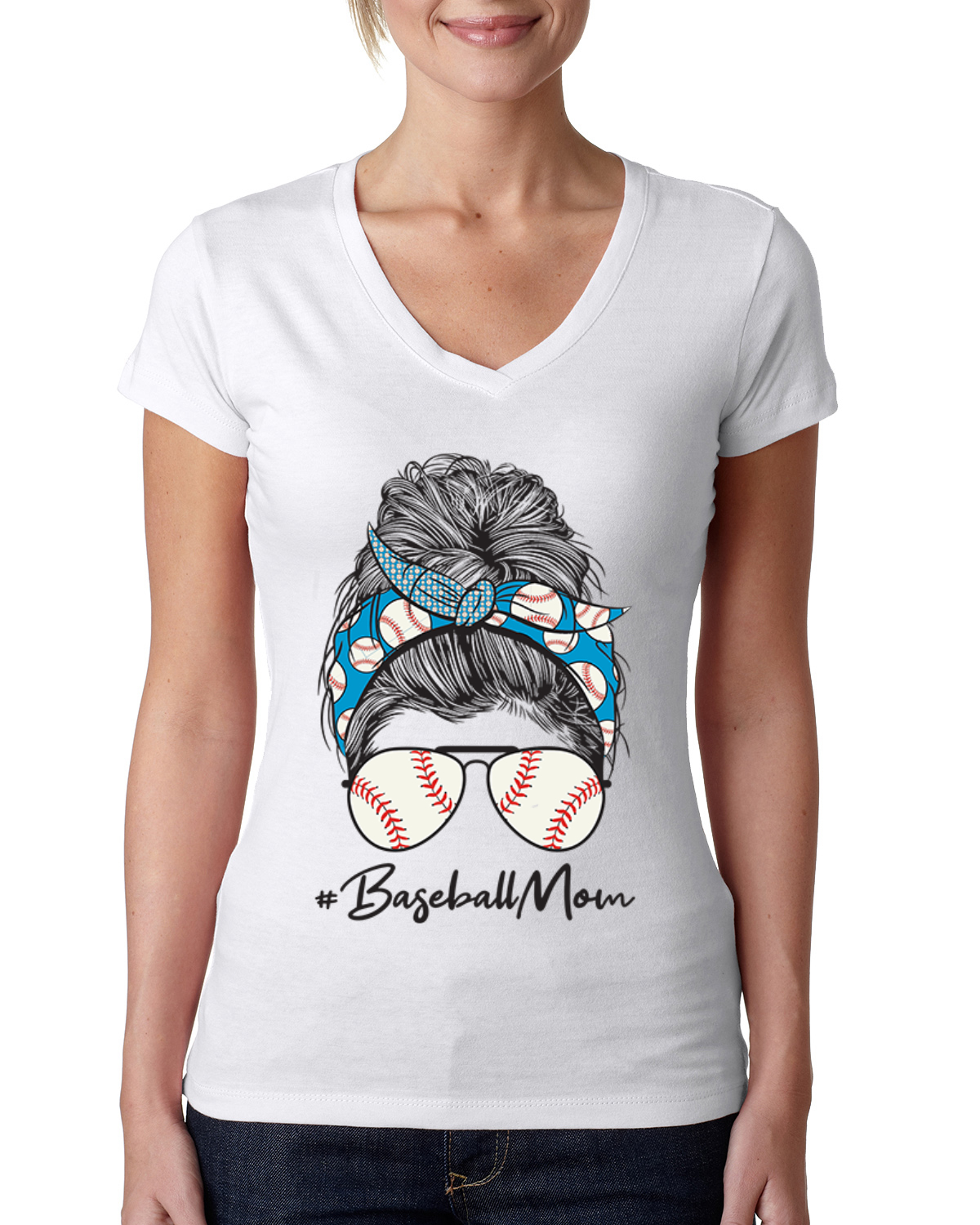 Mom Life Baseball unordentliches Haar Bandana Muttertag Frauen Junior V-Ausschnitt T-Shirt - Bild 4 von 7