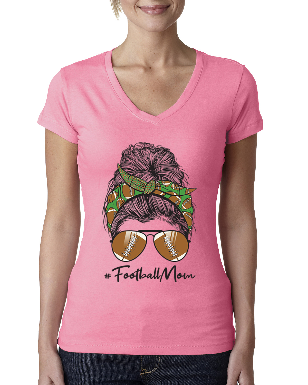 Mom Life Fußball unordentliches Haar Bandana Muttertag Frauen Junior V-Ausschnitt T-Shirt - Bild 5 von 7