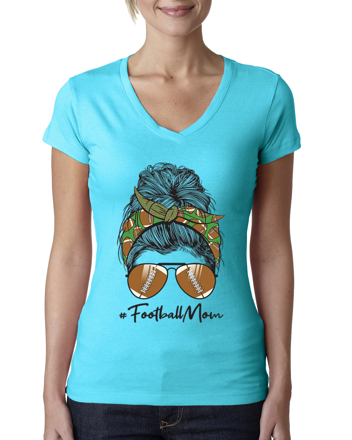 Mom Life Fußball unordentliches Haar Bandana Muttertag Frauen Junior V-Ausschnitt T-Shirt - Bild 7 von 7