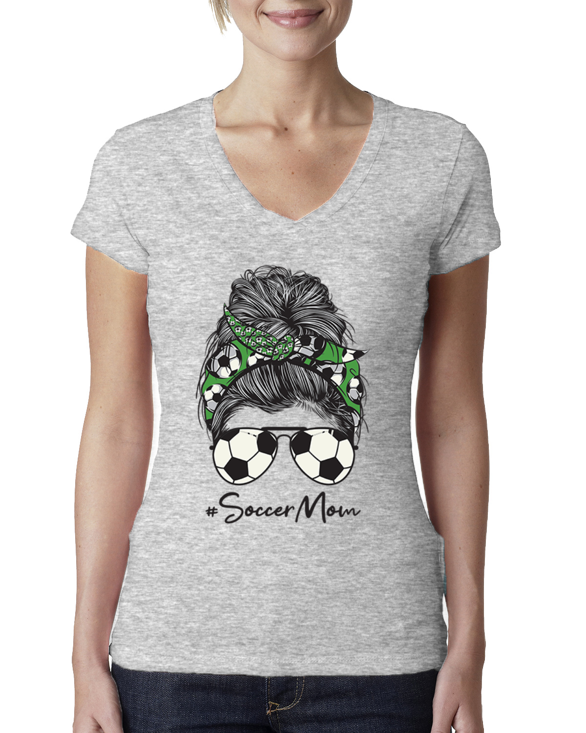 Mom Soccer Life Messy Hair Bandana Mothers Day Women Junior V-Neck Tee - Picture 3 of 7