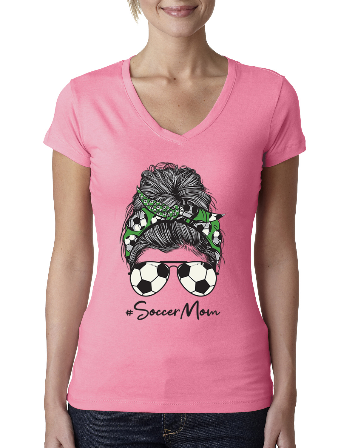 Mom Soccer Life Messy Hair Bandana Mothers Day Women Junior V-Neck Tee - Picture 5 of 7