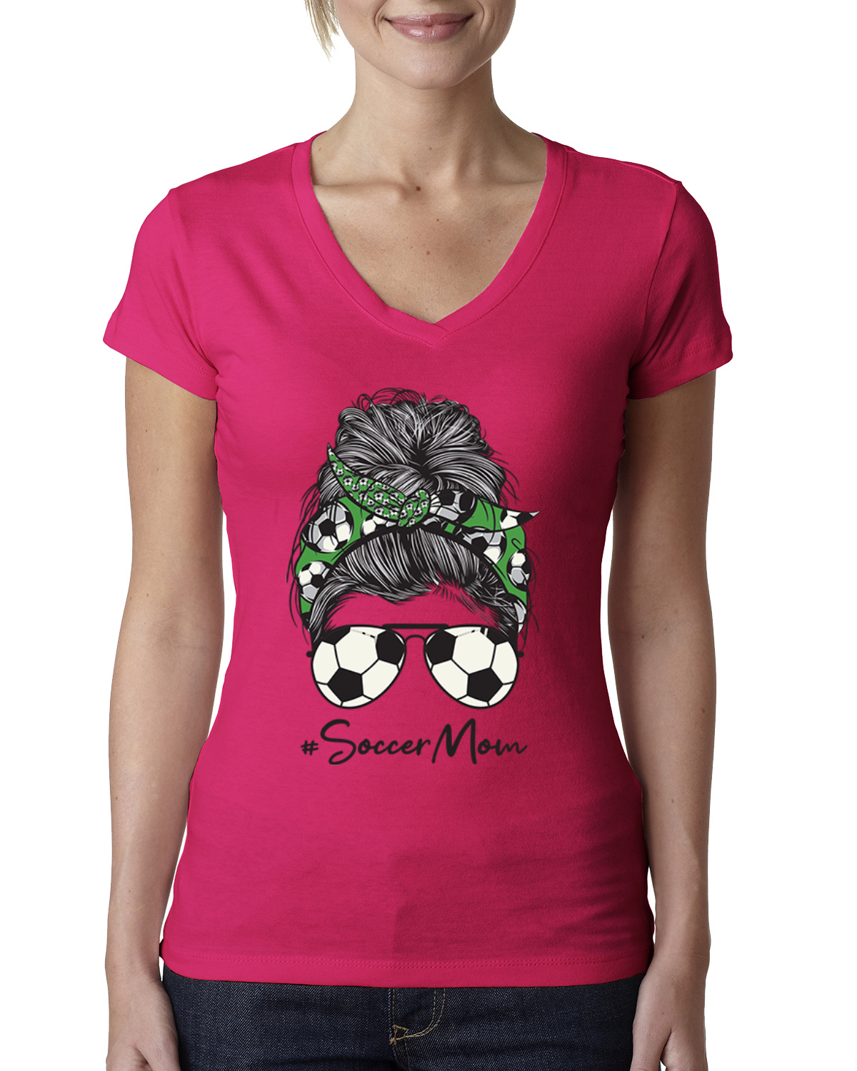 Mom Soccer Life Messy Hair Bandana Mothers Day Women Junior V-Neck Tee - Picture 6 of 7