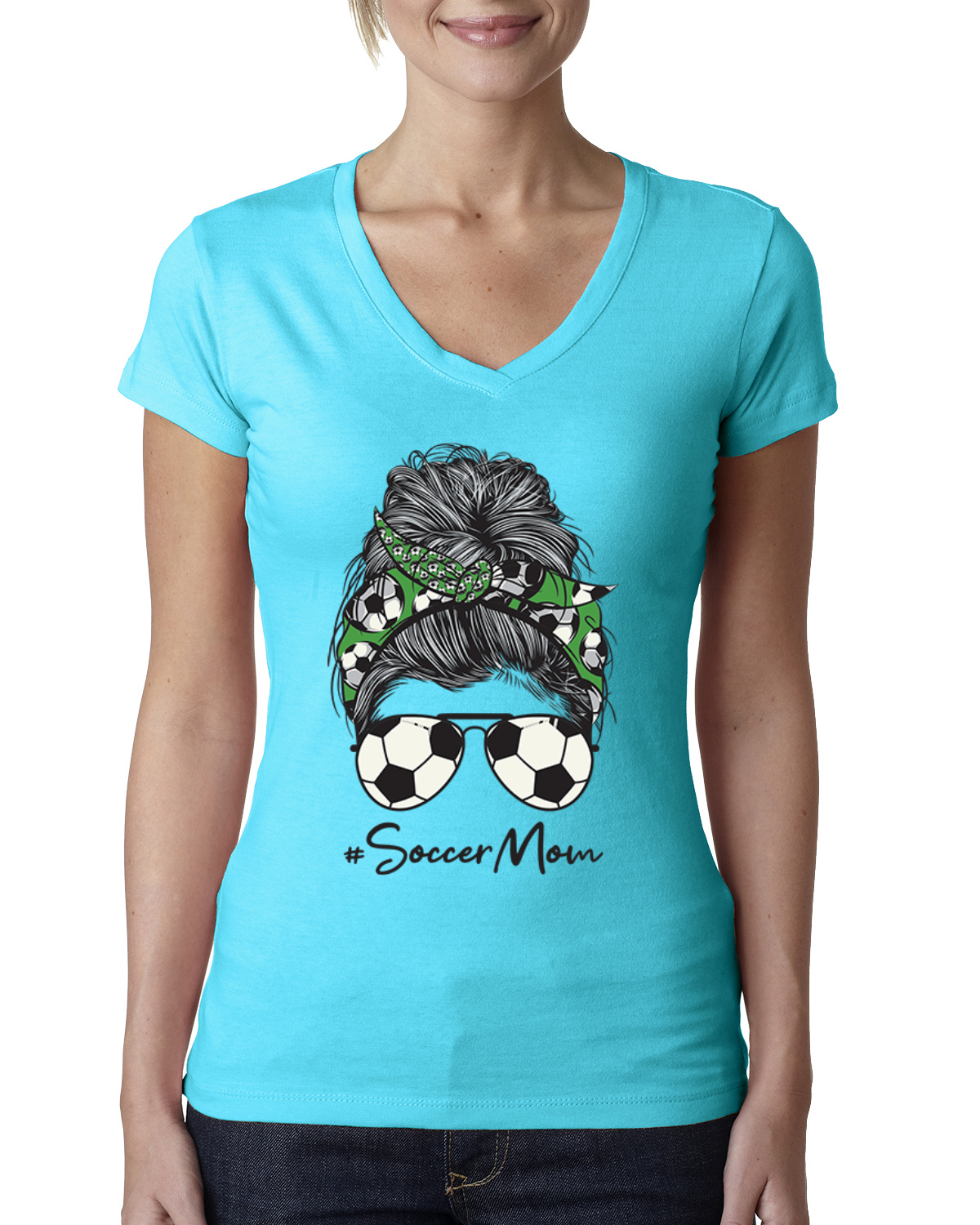 Mom Soccer Life Messy Hair Bandana Mothers Day Women Junior V-Neck Tee - Picture 7 of 7