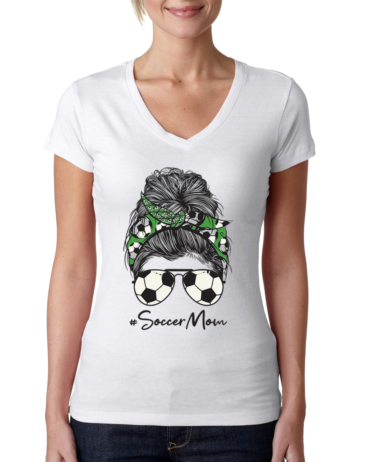 Mom Soccer Life Messy Hair Bandana Mothers Day Women Junior V-Neck Tee - Picture 4 of 7