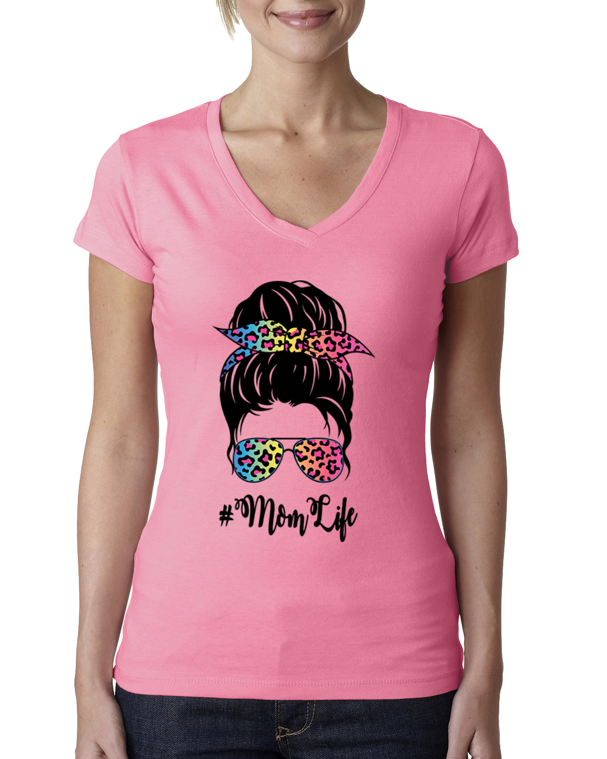 Mom Life unordentliches Haar Bandana Muttertag Damen Junior V-Ausschnitt T-Shirt - Bild 5 von 7