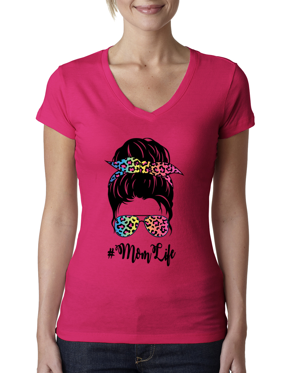 Mom Life unordentliches Haar Bandana Muttertag Damen Junior V-Ausschnitt T-Shirt - Bild 6 von 7