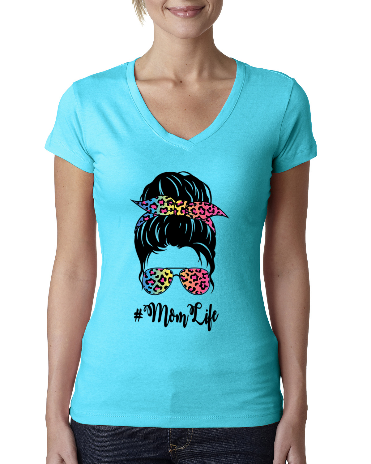 Mom Life unordentliches Haar Bandana Muttertag Damen Junior V-Ausschnitt T-Shirt - Bild 7 von 7