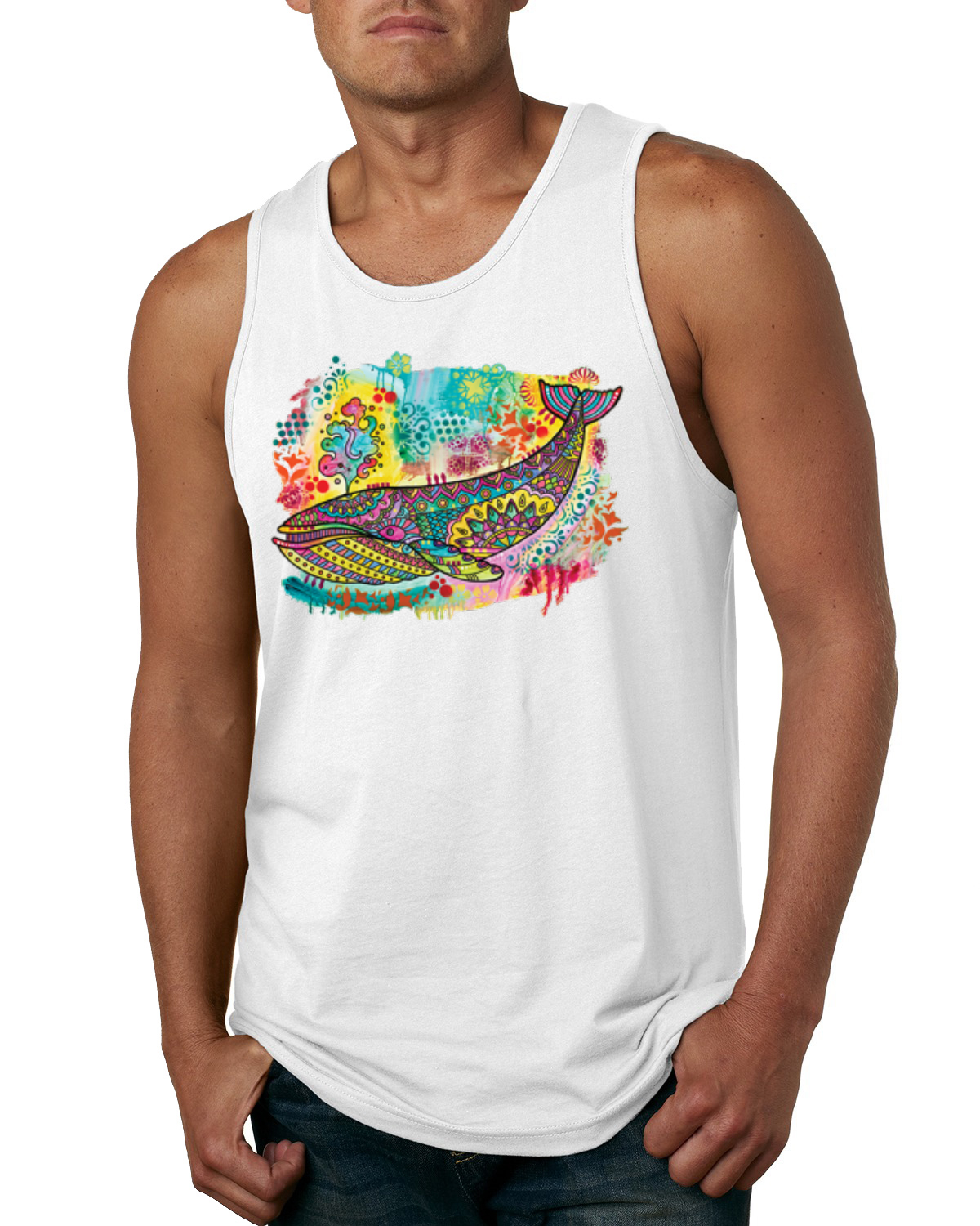 Camiseta sin mangas pintada con arco iris ballena azul Dean Russo diseño para hombre - Imagen 7 de 7