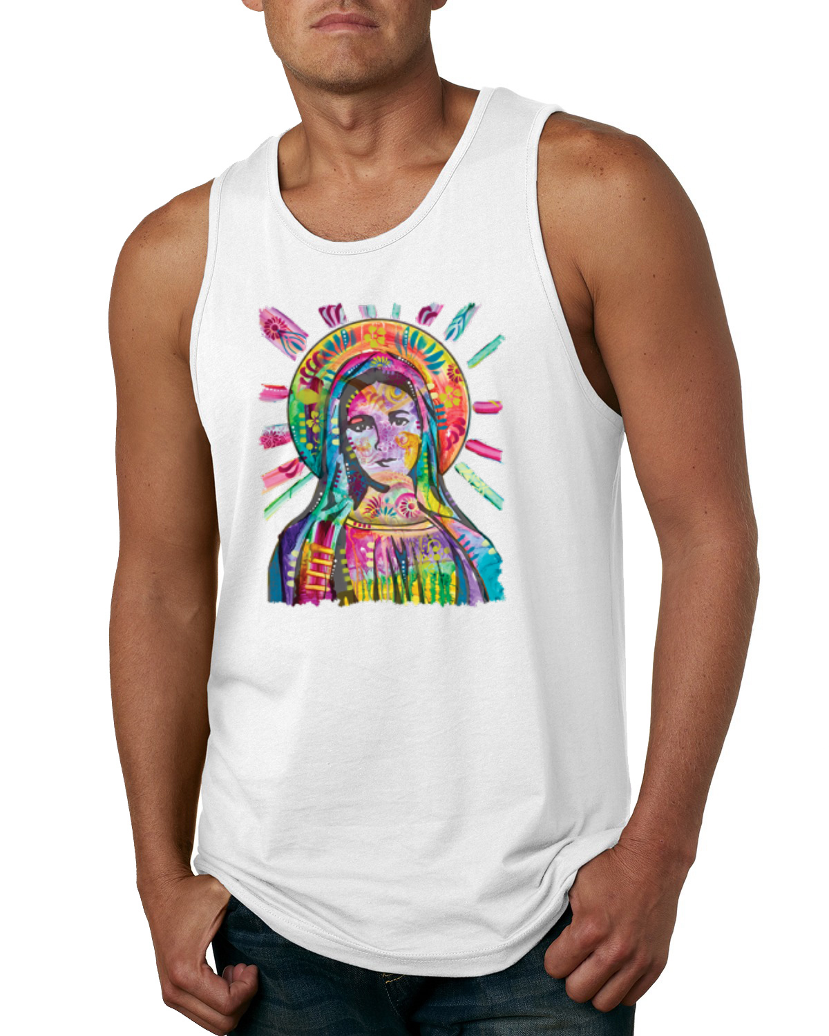 Camiseta sin mangas pintada arco iris madre Mary Dean Russo diseño para hombre - Imagen 7 de 7