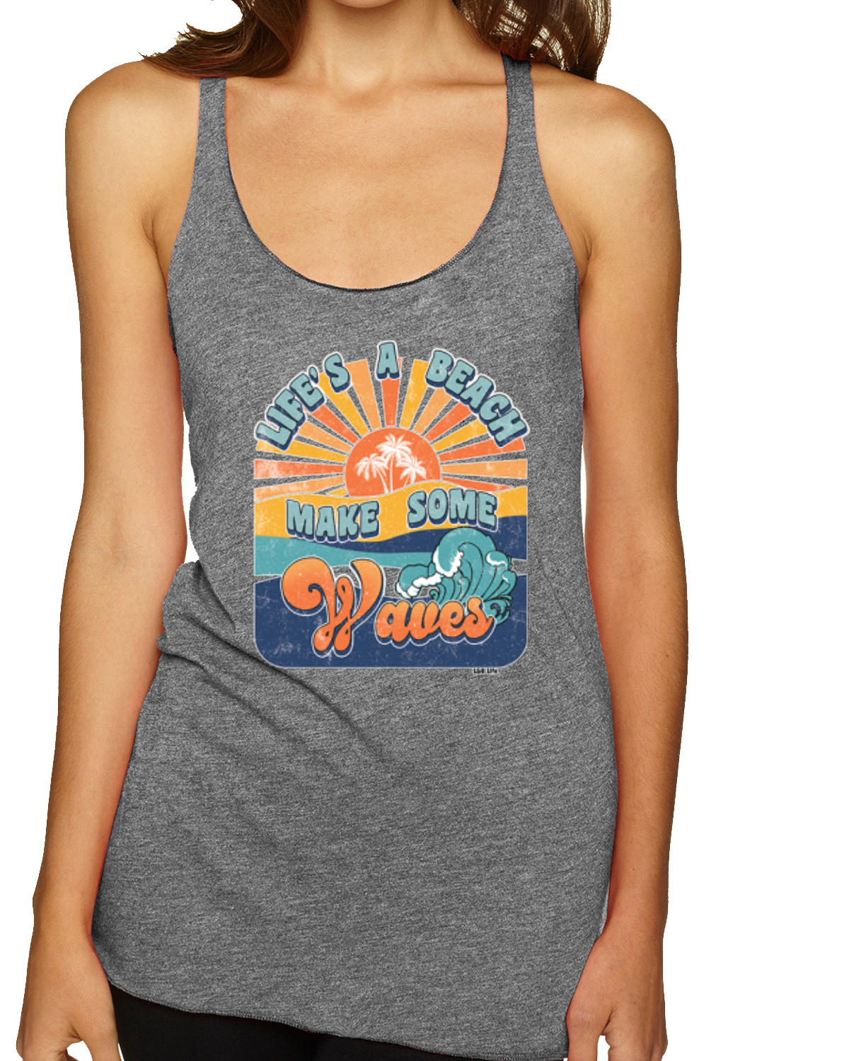 Vintage Lifes A Beach Make Some Waves Distress TriBlend Racerback Tank Top - Picture 6 of 12