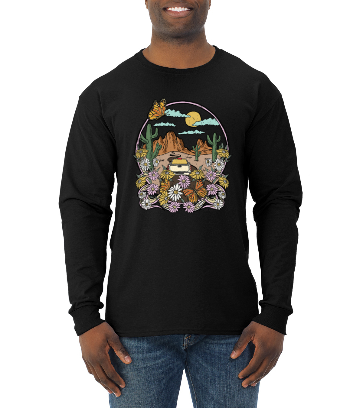 Trendiges Langarmshirt Landschaft mit Gänseblümchen Kaktus Monarch Schmetterling Männer - Bild 3 von 13