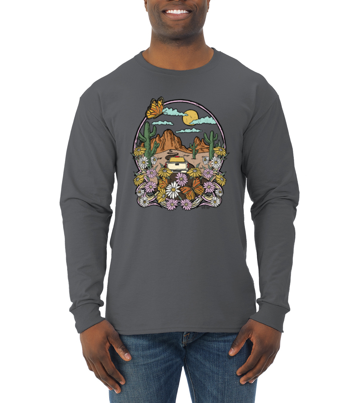 Trendiges Langarmshirt Landschaft mit Gänseblümchen Kaktus Monarch Schmetterling Männer - Bild 4 von 13