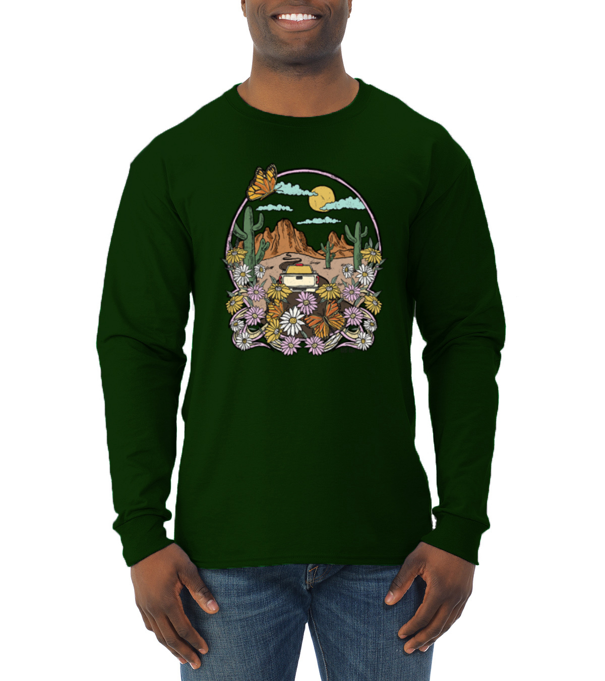 Trendiges Langarmshirt Landschaft mit Gänseblümchen Kaktus Monarch Schmetterling Männer - Bild 5 von 13