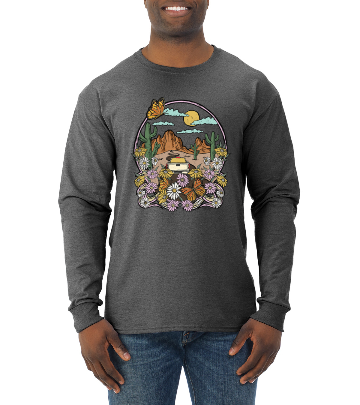 Trendiges Langarmshirt Landschaft mit Gänseblümchen Kaktus Monarch Schmetterling Männer - Bild 6 von 13