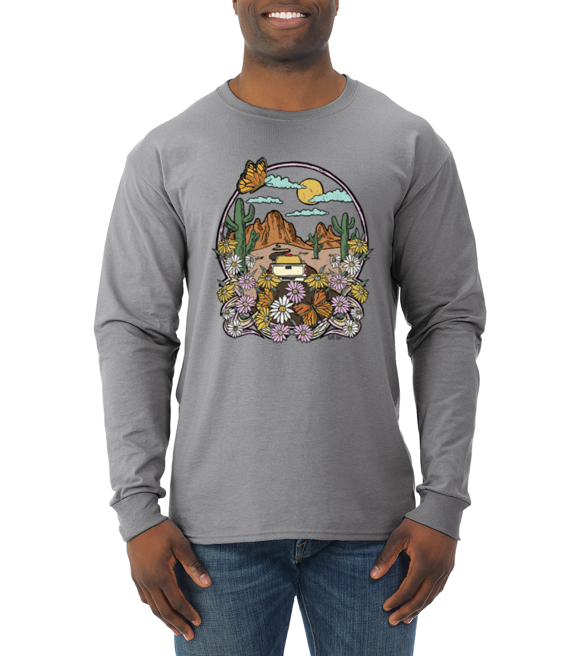 Trendiges Langarmshirt Landschaft mit Gänseblümchen Kaktus Monarch Schmetterling Männer - Bild 7 von 13
