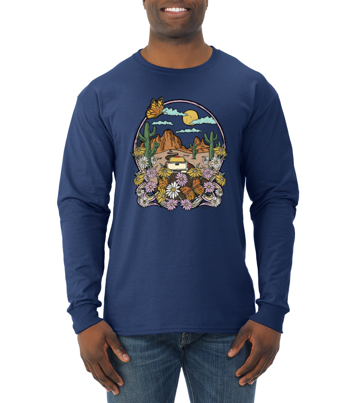 Trendiges Langarmshirt Landschaft mit Gänseblümchen Kaktus Monarch Schmetterling Männer - Bild 8 von 13