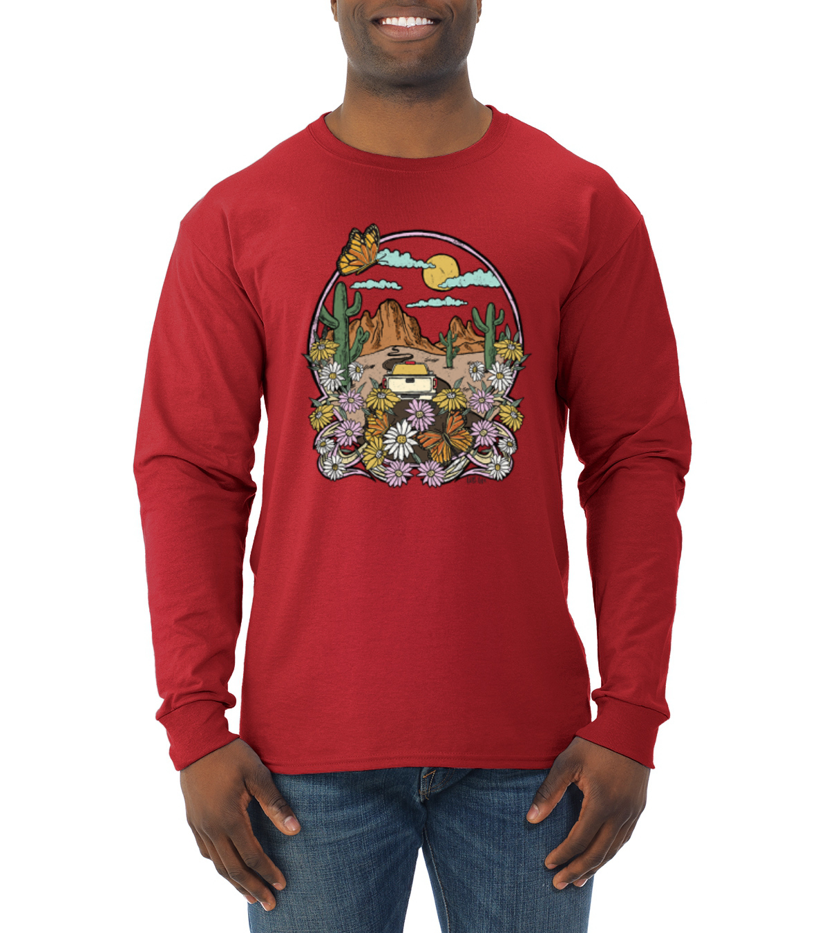 Trendiges Langarmshirt Landschaft mit Gänseblümchen Kaktus Monarch Schmetterling Männer - Bild 9 von 13