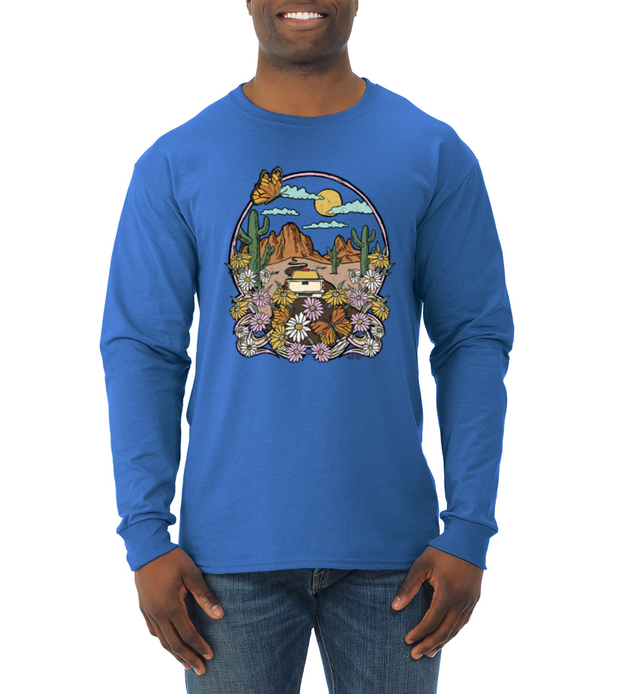 Trendiges Langarmshirt Landschaft mit Gänseblümchen Kaktus Monarch Schmetterling Männer - Bild 10 von 13