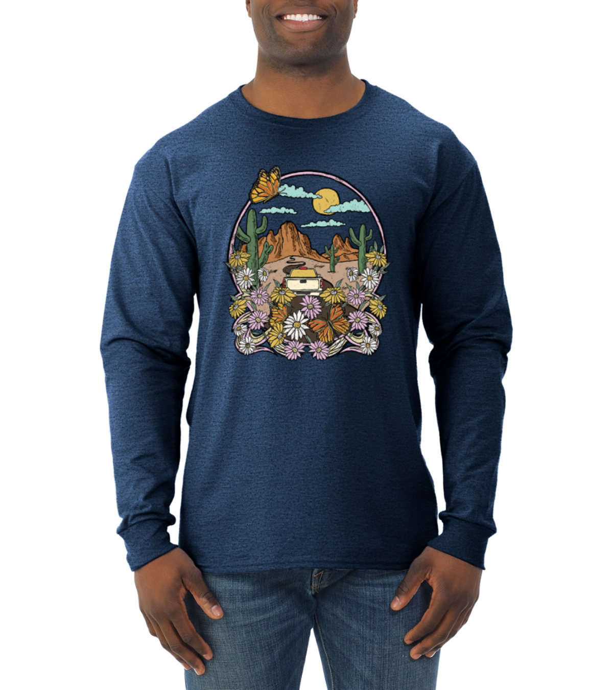 Trendiges Langarmshirt Landschaft mit Gänseblümchen Kaktus Monarch Schmetterling Männer - Bild 11 von 13