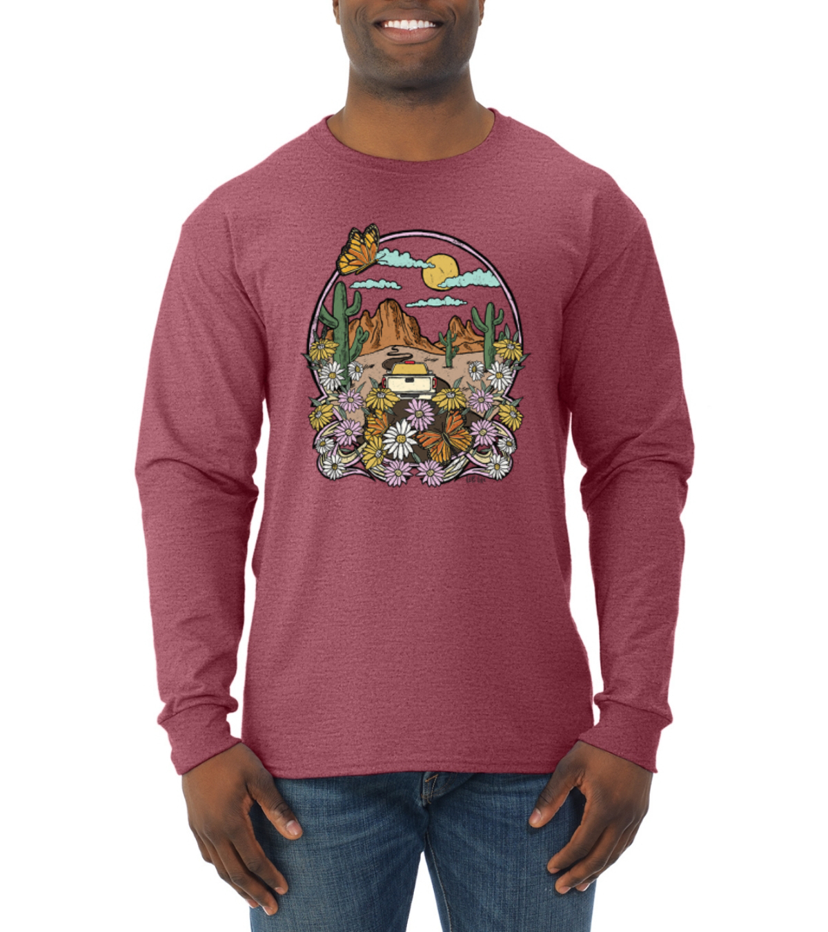 Trendiges Langarmshirt Landschaft mit Gänseblümchen Kaktus Monarch Schmetterling Männer - Bild 12 von 13